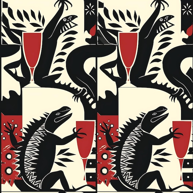 Chalice Vine mit Iguana-Silhouette und minimalistischem Design Wi-Pattern-Fliesen nahtlose Kunst-Tattoo-Tinte