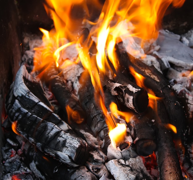 Chama brilhante de um fogo aceso acima do braseiro ao ar livre