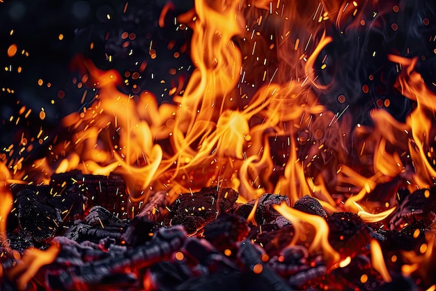 chama de fogo com faíscas sobre um fundo preto chama de fogo con faíscas em um fundo preto