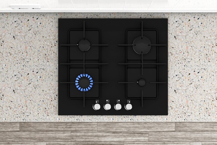 Foto chama de gás metano com fogão a gás de cozinha preto moderno vista superior renderização em 3d