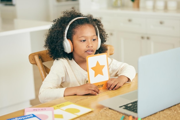 Chamada de vídeo de forma ou criança com laptop para aprendizado remoto educacional ou conhecimento em aula on-line em casa Menina criança ou jovem estudante do jardim de infância pronta para teste de avaliação de e-learning ou estudo