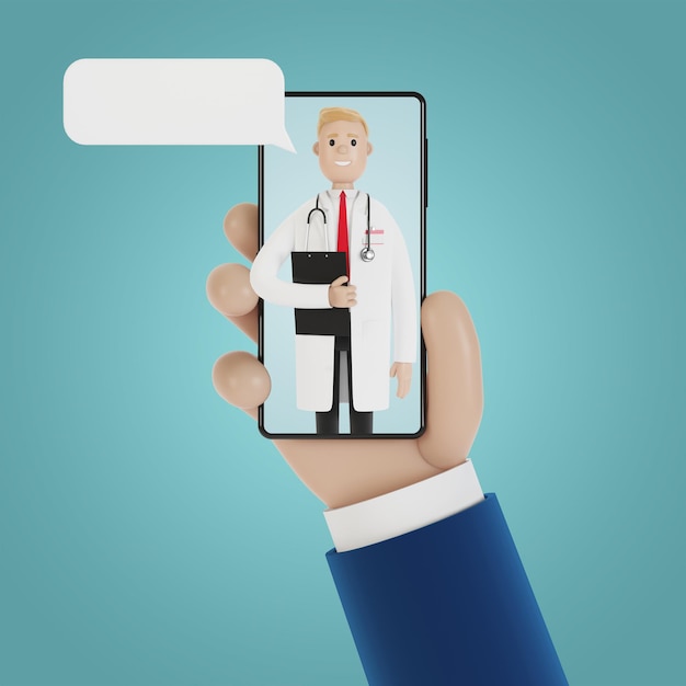 Chamada recebida de um médico em uma tela de smartphone. Chamada de serviço. Conceito de medicina online. Ilustração 3D em estilo cartoon.