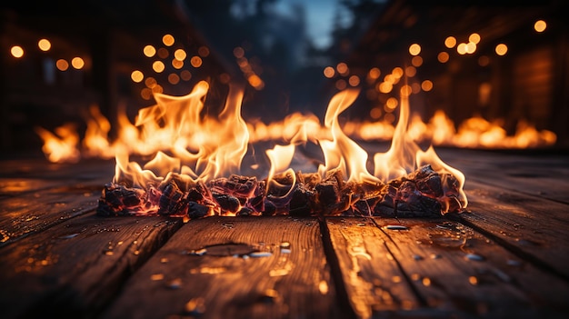Chamas ardentes brilham em tábuas de madeira contra um fundo crepúsculo luz quente com efeitos bokeh