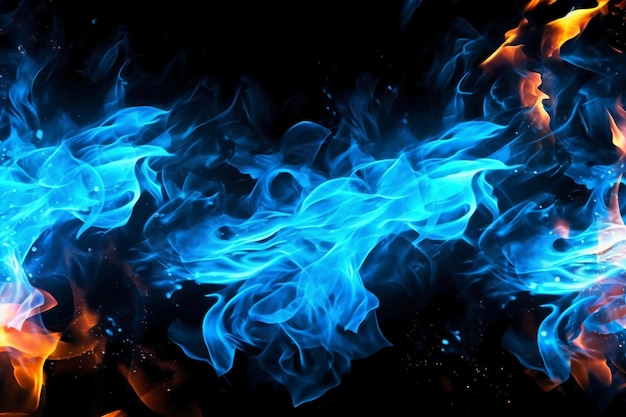 Foto chamas azuis e laranja em um fundo preto