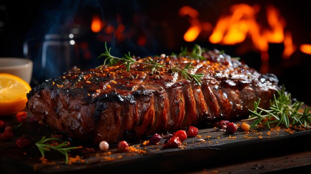 Chamas brilhantes de bife grelhado pronto para comer