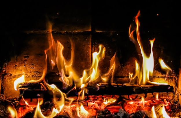 Chamas de fogo e brasas de madeira queimada na lareira