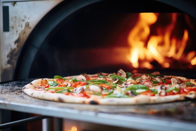 Chamas dentro de um forno industrial de pizza com pizzas a cozinhar