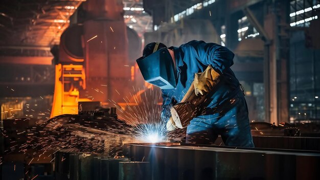 Chamas durante o trabalho com aço na fábrica