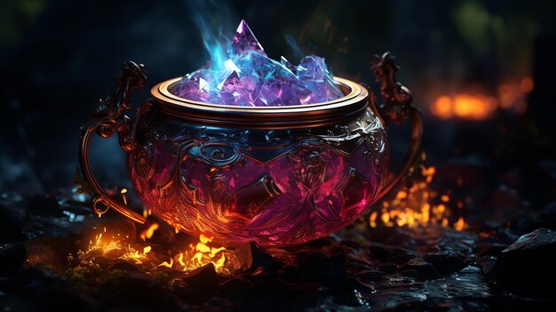 chamas estão queimando em uma tigela de metal com uma chama roxa geradora ai