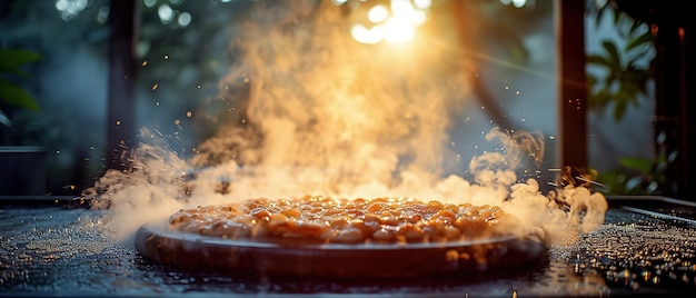 chamas estão saindo de uma pizza em uma grelha com um sol brilhando pela janela