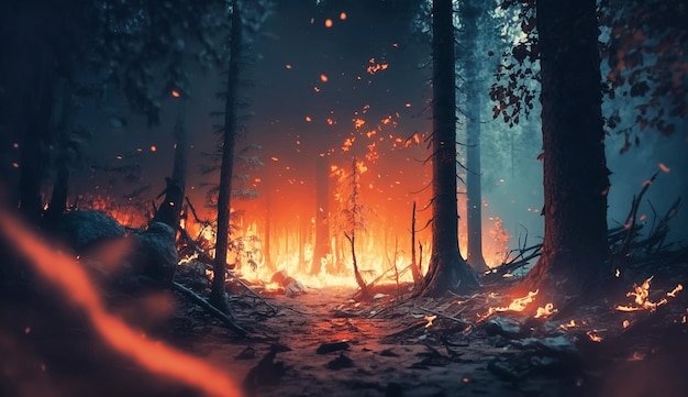 Chamas intensas de um enorme incêndio florestal As chamas iluminam a noite enquanto avançam pelas florestas de pinheiros e arbustos de sálvia IA generativa