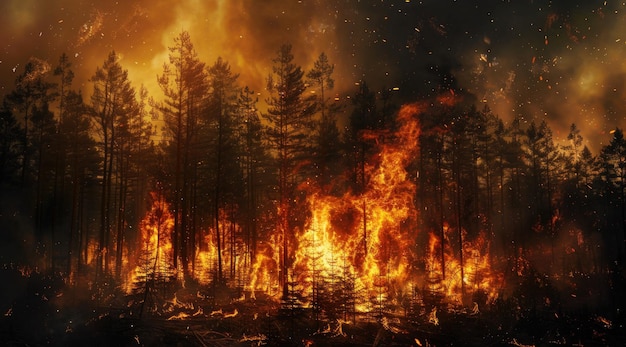 Foto chamas intensas de um enorme incêndio florestal