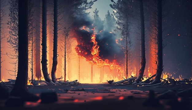 Chamas intensas de um grande incêndio florestal Chamas iluminam a noite Generative AI