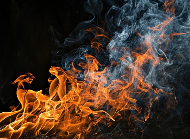 Foto chamas intensas e fumaça em fundo escuro