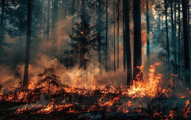 Foto chamas intensas e fumaça espessa engolem uma densa floresta criando uma cena dramática e destrutiva de um incêndio selvagem descontrolado
