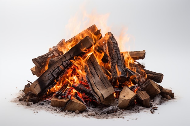 Chamas radiantes Fogo de acampamento e madeira contra fundo branco