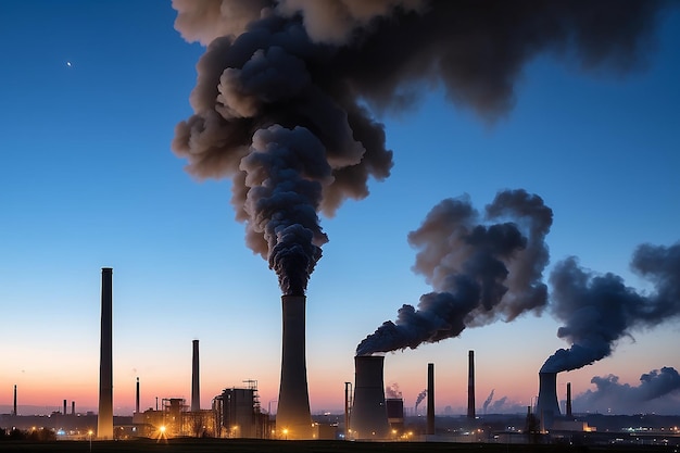 Foto chaminé de chaminé erguendo fumaça preta e poluentes no céu azul da noite contribuindo para o aquecimento global e a mudança climática