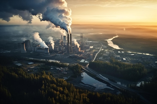 Foto chaminés altas de fábricas industriais liberam emissões de fumaça de tubos de fumaça co2 gás de efeito estufa