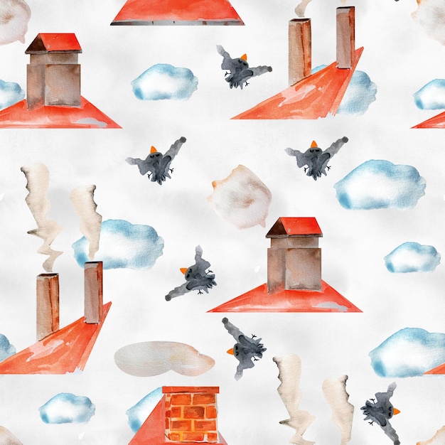 Chaminés de tijolos em telhados vermelhos entre nuvens aquarela padrão perfeito