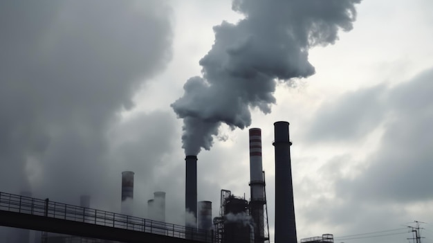 chaminés industriais com fumaça pesada causando poluição do ar no céu cinza esfumaçado