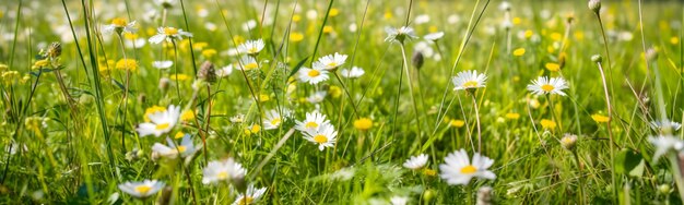 Chamomiles blancos en un banner de campo de verano o primavera IA generativa