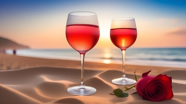 Foto champagne de rosas en vasos en la playa