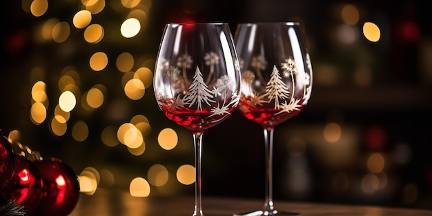 Champagner für Weihnachtsstimmung mit einem Bokeh-Hintergrund aus glitzernden Sektgläsern vor der generativen Bokeh-KI