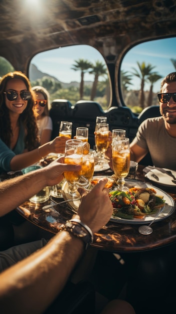 Foto champagner-toast am strand, genießen sie einen sonnigen tag mit meerblick, essen und getränke auf dem tisch