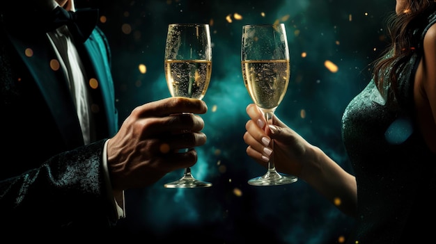 Champagner-Toast auf Bokeh-Hintergrund Frohe Weihnachten und frohes Neujahr-Konzept