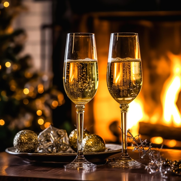 Champagner vor dem Kamin an einem Feiertagsabend. Frohe Weihnachten, ein glückliches neues Jahr und schöne Feiertage wünscht generative ai