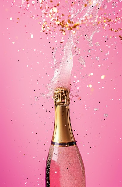 Champagnerflasche fällt auf einen rosa Hintergrund
