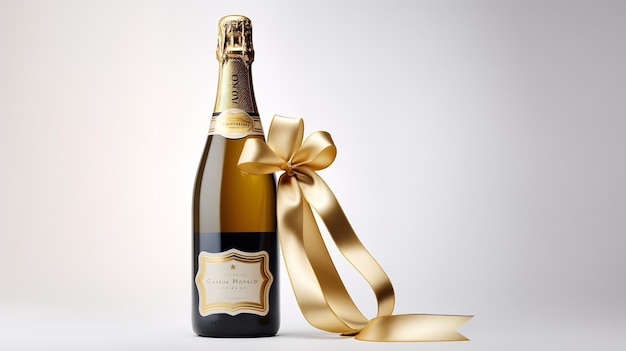 Champagnerflasche im goldenen Hintergrund mit Partyband-Druckknöpfen und Sternen. Generative KI