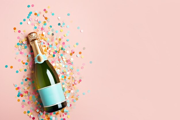 Champagnerflasche mit Konfetti auf pastellfarbenem Hintergrund. Weihnachts- oder Neujahrsparty-Hintergrund mit Sekt-Feierkonzept. Kreative flache Draufsicht mit Copyspace, AI-generiertes Bild