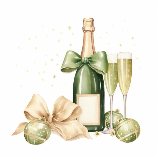 Champagnerflasche und zwei Gläser Aquarellillustration auf weißem Hintergrund