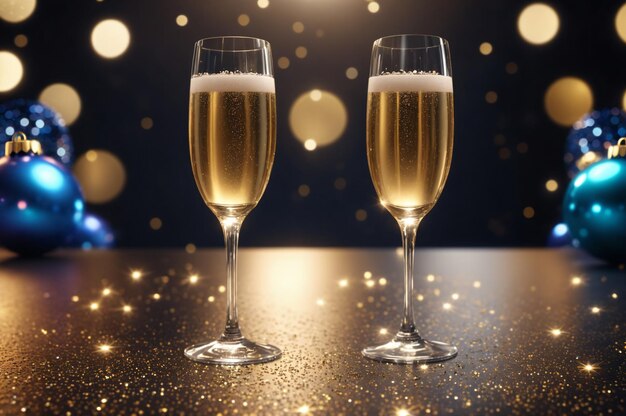 Champagnerflöten mit sprudelndem Champagner, goldene Bokeh-Lichter, blaue Weihnachtsschmuck, schwarzer Hintergrund