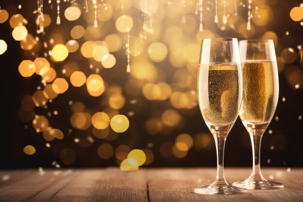 Champagnergläser auf Bokeh-Hintergrund Neujahrsfeiern Champagner für festliche Jubel mit goldenem funkelnden Bokeh-Hintergrund AI generiert