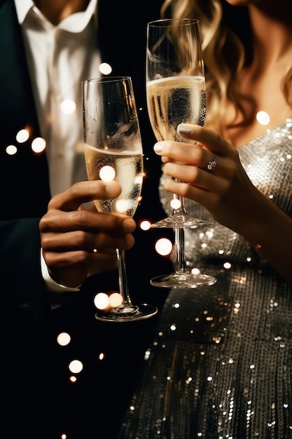 Champagnergläser in den Händen eines jungen Paares in festlichem Rahmen