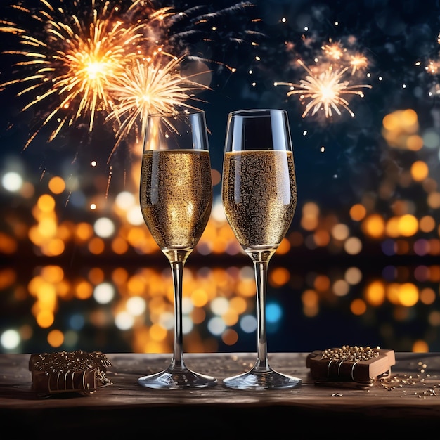 Foto champagnergläser trinken wein mit feuerwerk oder bokeh-lichtern im hintergrund bei der neujahrsfeier