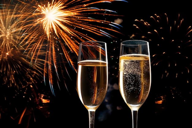 Champagnergläser trinken Wein mit Feuerwerk oder Bokeh-Lichtern im Hintergrund bei Neujahrsfeiern