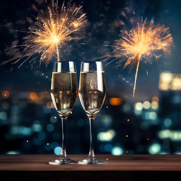 Champagnergläser trinken Wein mit Feuerwerk oder Bokeh-Lichtern im Hintergrund bei Neujahrsfeiern