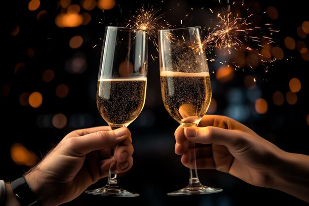 Champagnergläser trinken Wein mit Feuerwerk oder Bokeh-Lichtern im Hintergrund bei Neujahrsfeiern