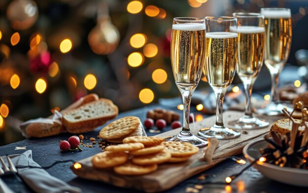 Foto champagnergläser und party-snacks vor einem festlichen hintergrund