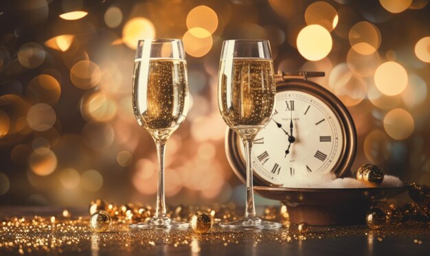 Foto champagnergläser und uhr mit neujahrsfeier