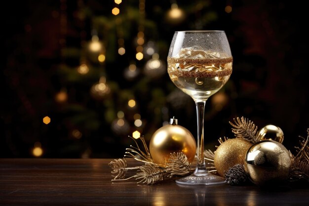 Champagnergläser und Weihnachtsdekorationen auf einem hölzernen Tisch auf blauem Bokeh-Hintergrund Champagnergläser mit Weihnachtsballen geschmückt KI generiert