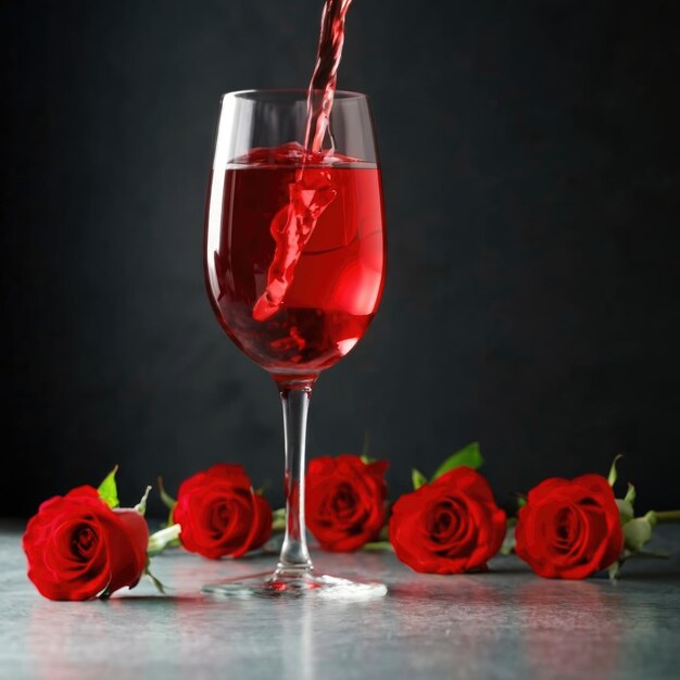 Champagnerglas aus roten Rosen, das in einem wunderschönen Kristallglas mit roten Rosen rund um das Kino serviert wird