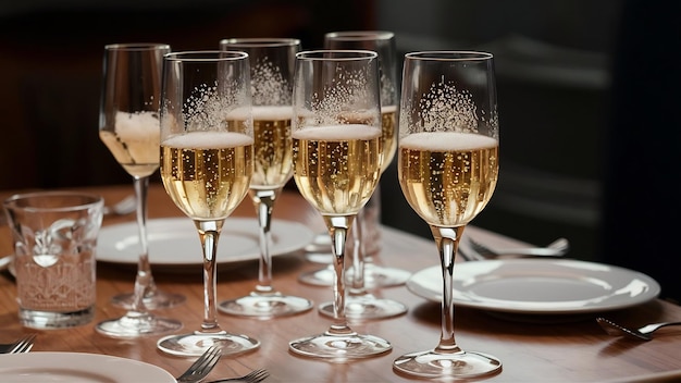 El champán brilla en las copas de cristal.