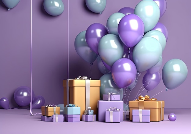 champán morado y globos dorados con juegos de regalo de cumpleaños sobre fondo rosa