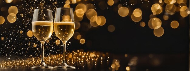 Foto champaña para alegrías festivas con fondo bokeh dorado espumoso copas de vino espumoso