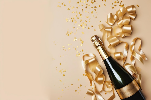 Champange de botella de ilustración generada por ai con cinta sobre fondo dorado