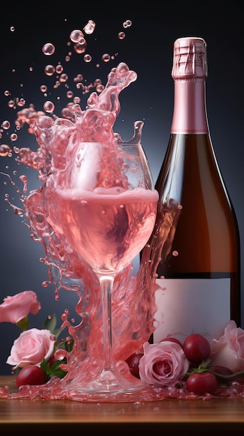 Foto champanhe de celebração em meio a rosas cor-de-rosa